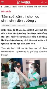 Báo Đồng Nai: Bệnh viện Mắt Sài Gòn Biên Hòa tầm soát cận thị cho học sinh, sinh viên trường y